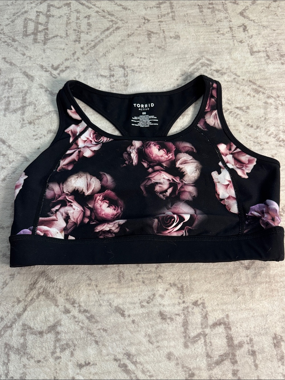 torrid Black Racerback Sports Bra with Dusty Pink Rose Print